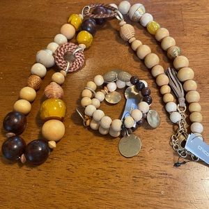 NWT Chico;s Wood Bead Woven Raffia Tan Gold Brown Necklace Bracelet